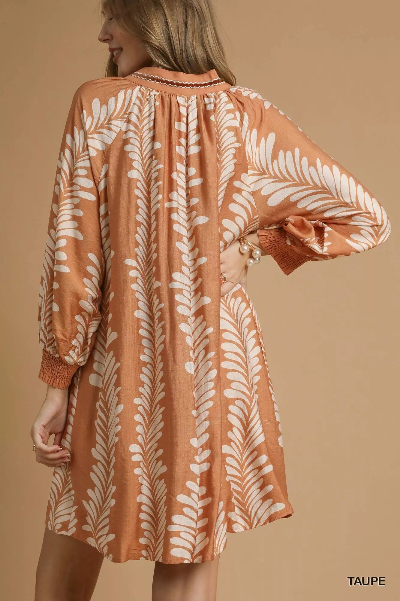 Umgee Leaf Print Notched Mini Babydoll Dress OutfitFlow