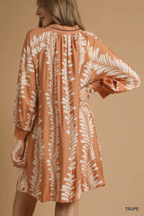 Umgee Leaf Print Notched Mini Babydoll Dress OutfitFlow