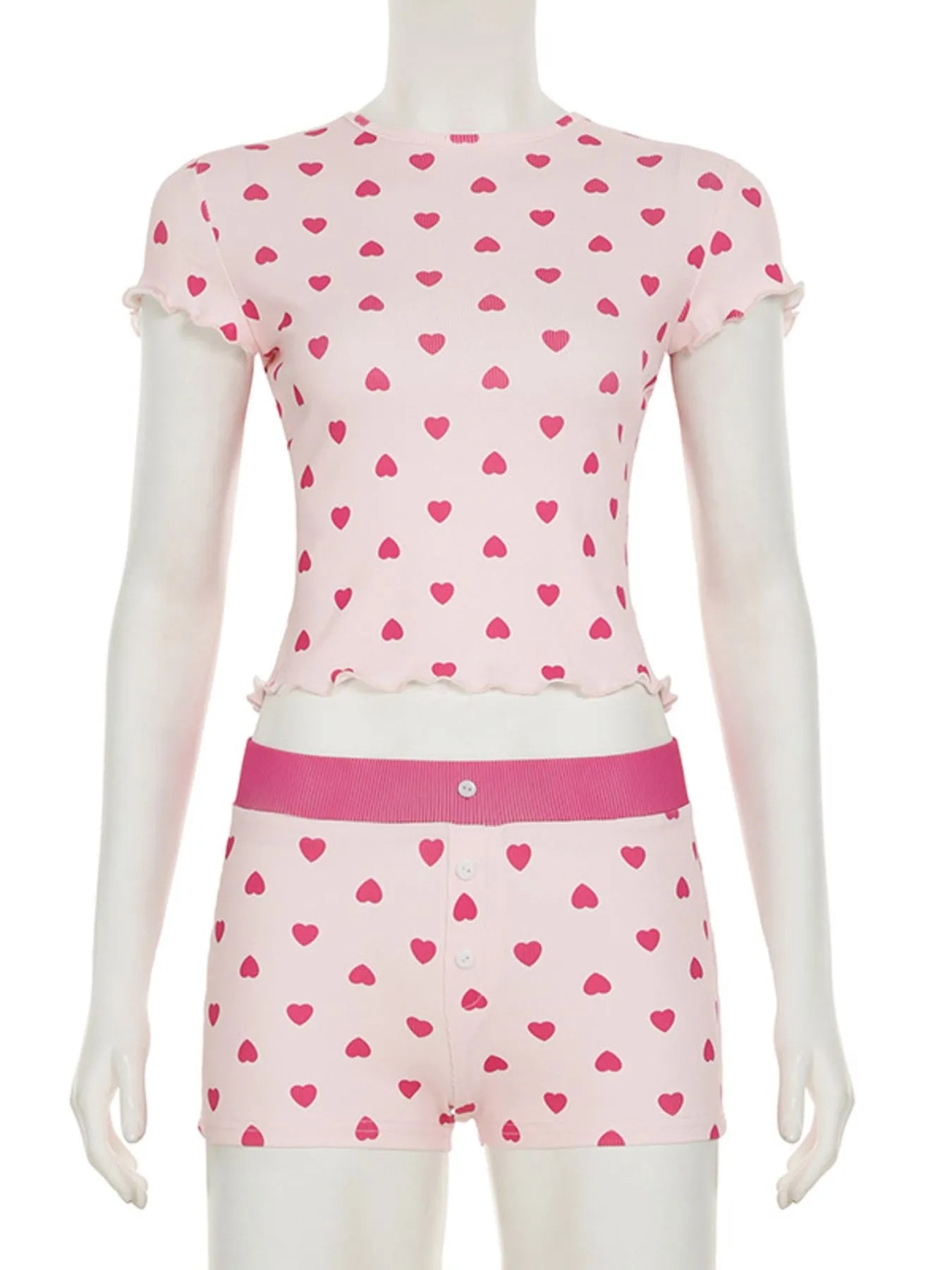 Heart Print Top and Shorts Loungewear Set OutfitFlow