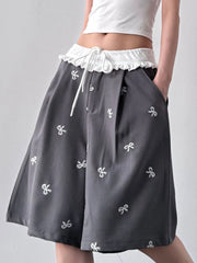 Bow Print Wide Leg Shorts with Contrast Ruffle Waistband OutfitFlow