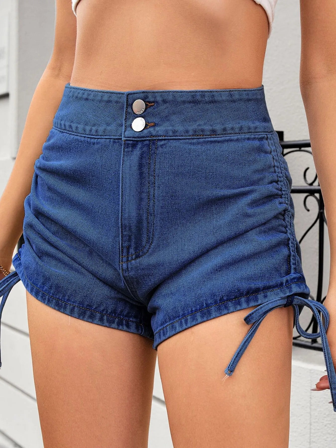 Ruched Side Drawstring Denim Shorts OutfitFlow