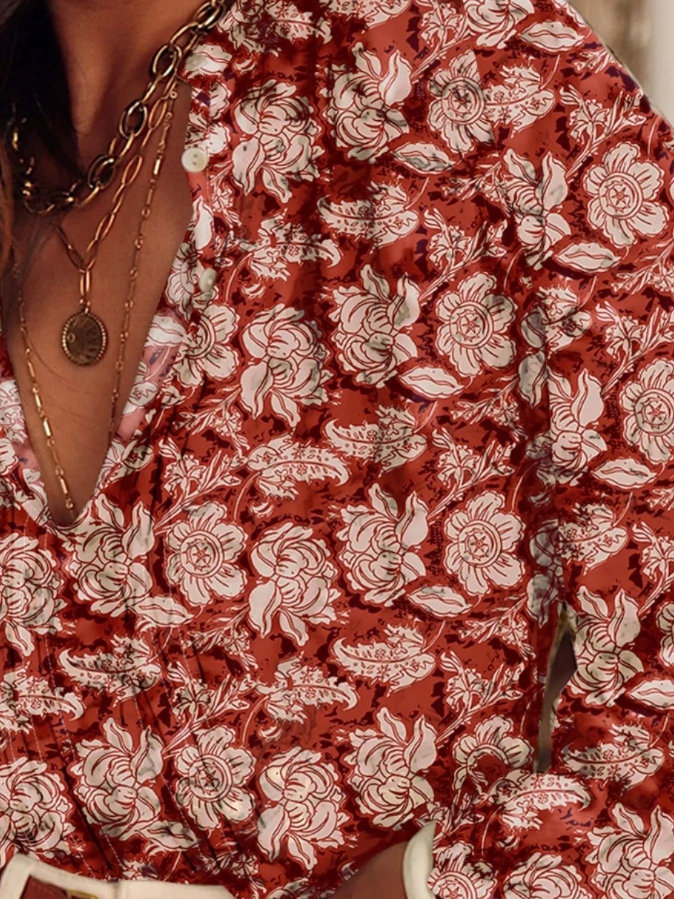 Floral Print Split Neck Pleated Long Sleeve Blouse OutfitFlow
