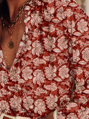 Floral Print Split Neck Pleated Long Sleeve Blouse OutfitFlow