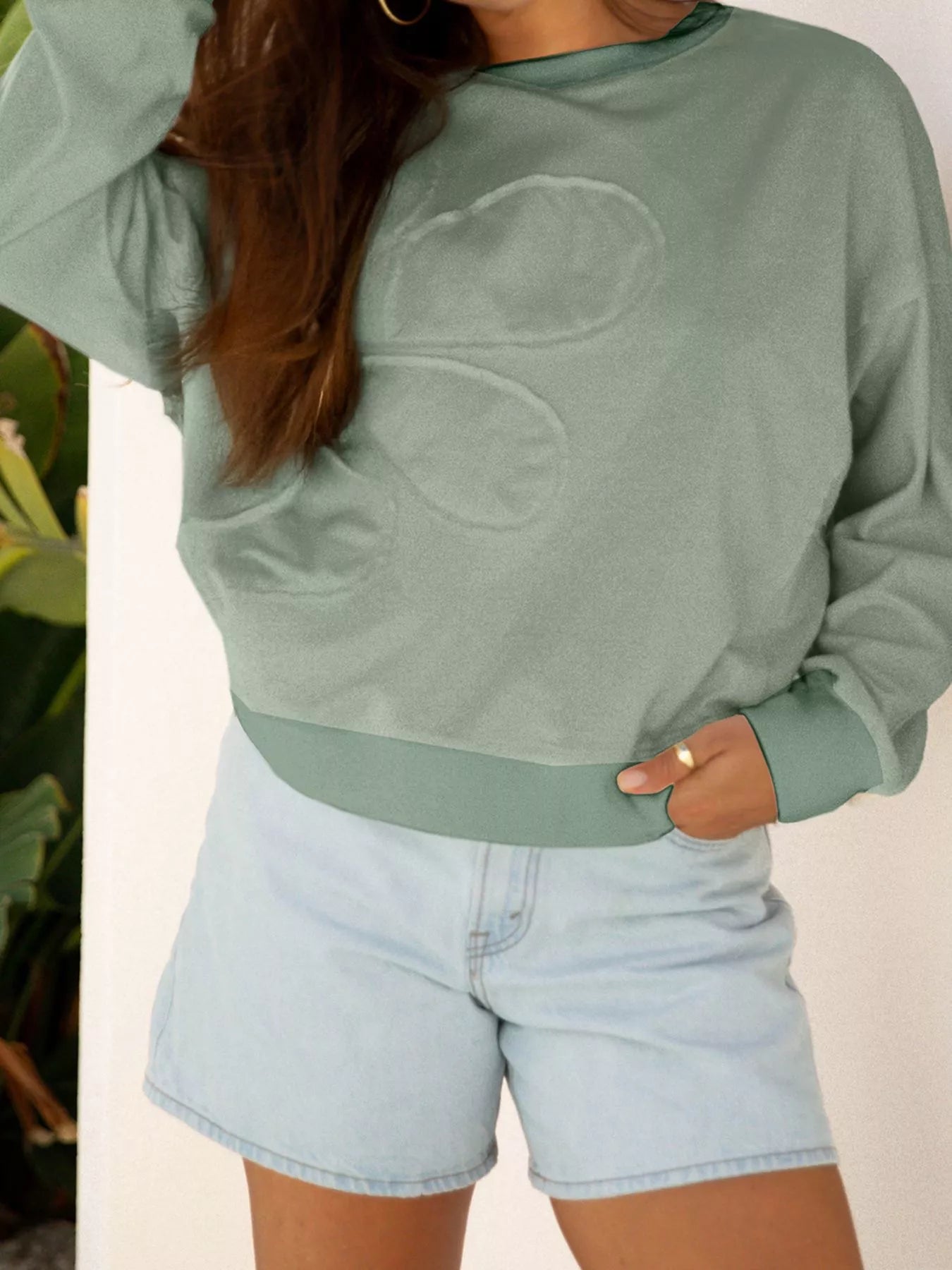 Raw Edge Flower Patch Drop Shoulder Casual Top OutfitFlow