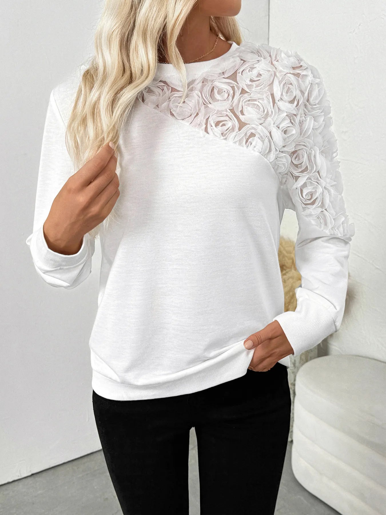Rose Embroidered Long Sleeve Sweatshirt OutfitFlow