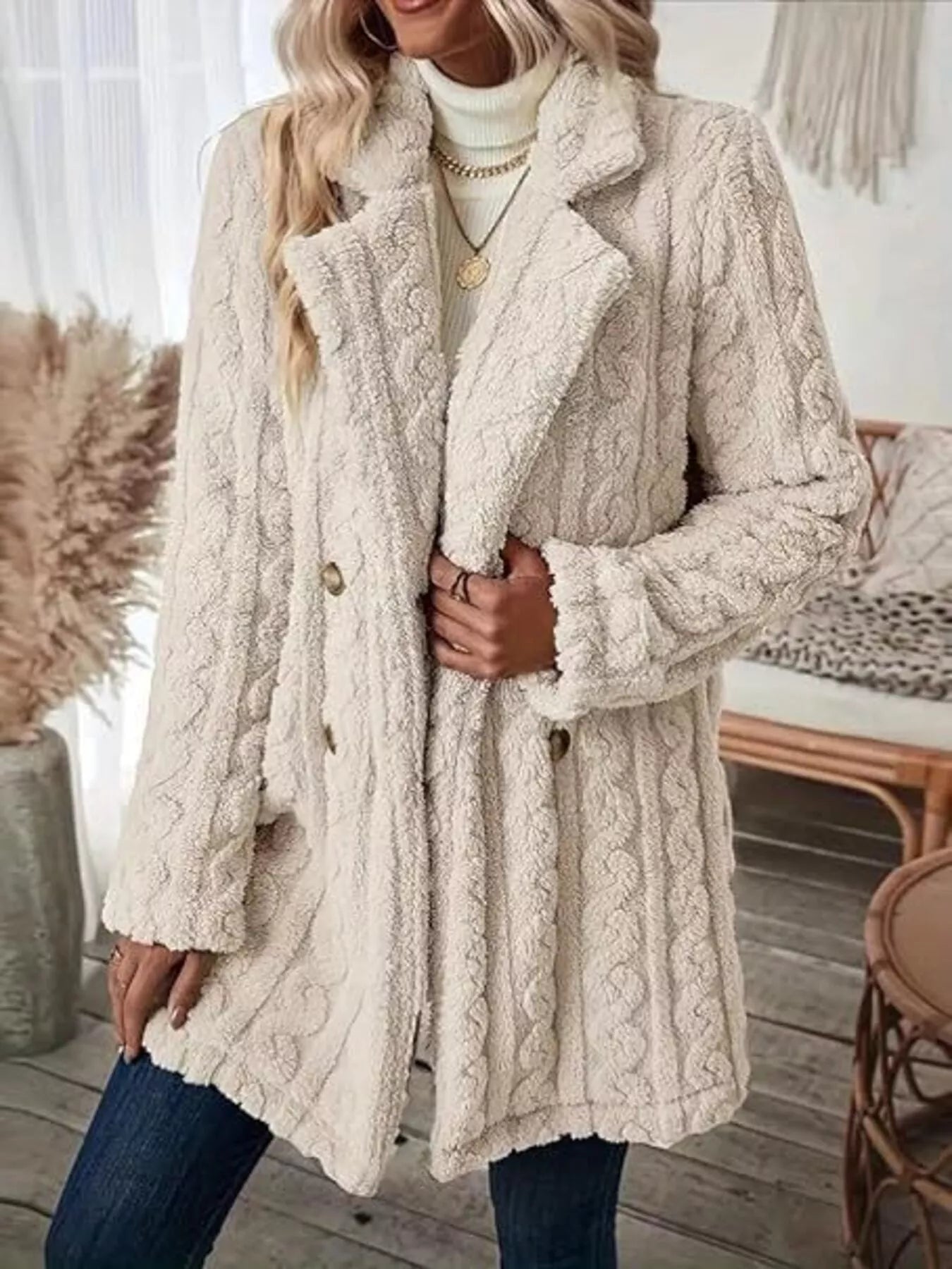 Double-Breasted Fleece Longline Coat OutfitFlow