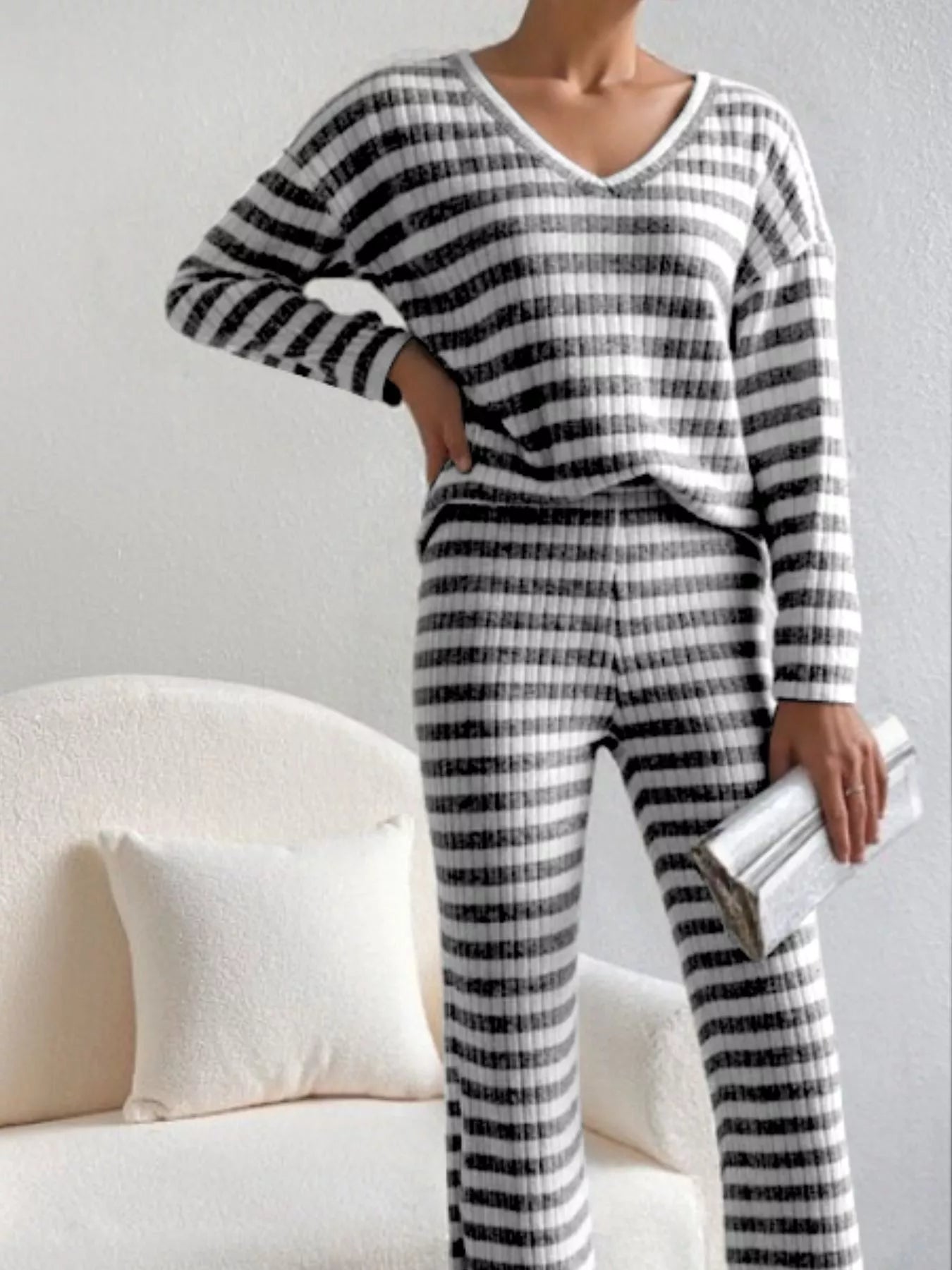 Striped Ribbed Knit Top and Pants Set OutfitFlow