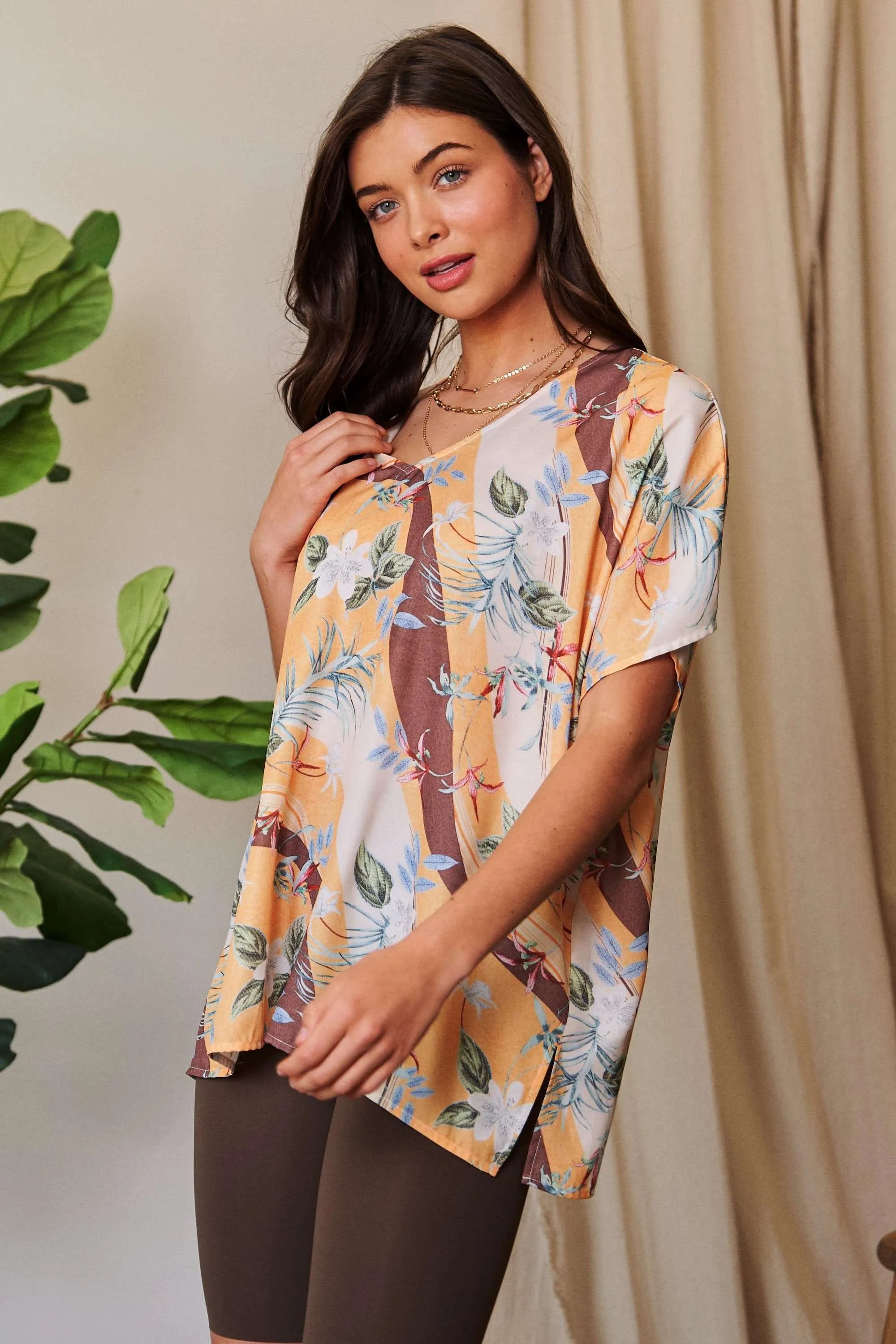 Davi & Dani Floral Printed V Neck Short Sleeve Loose Fit Top OutfitFlow