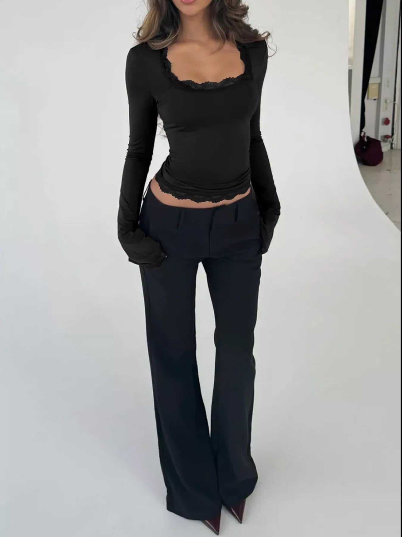 Lace Trim Long Sleeve T-Shirt Trendsi