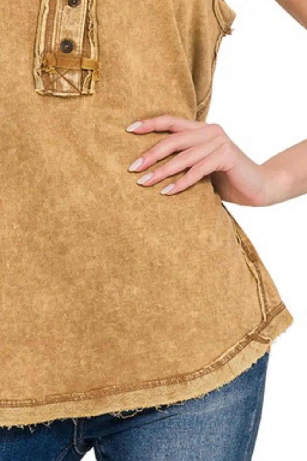 Zenana Washed Half-button Raw Edge Sleeveless Henley Top OutfitFlow