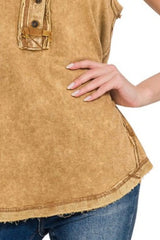 Zenana Washed Half-button Raw Edge Sleeveless Henley Top OutfitFlow