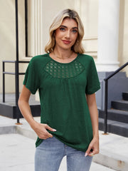 Lace Detail Round Neck Short Sleeve Blouse OutfitFlow
