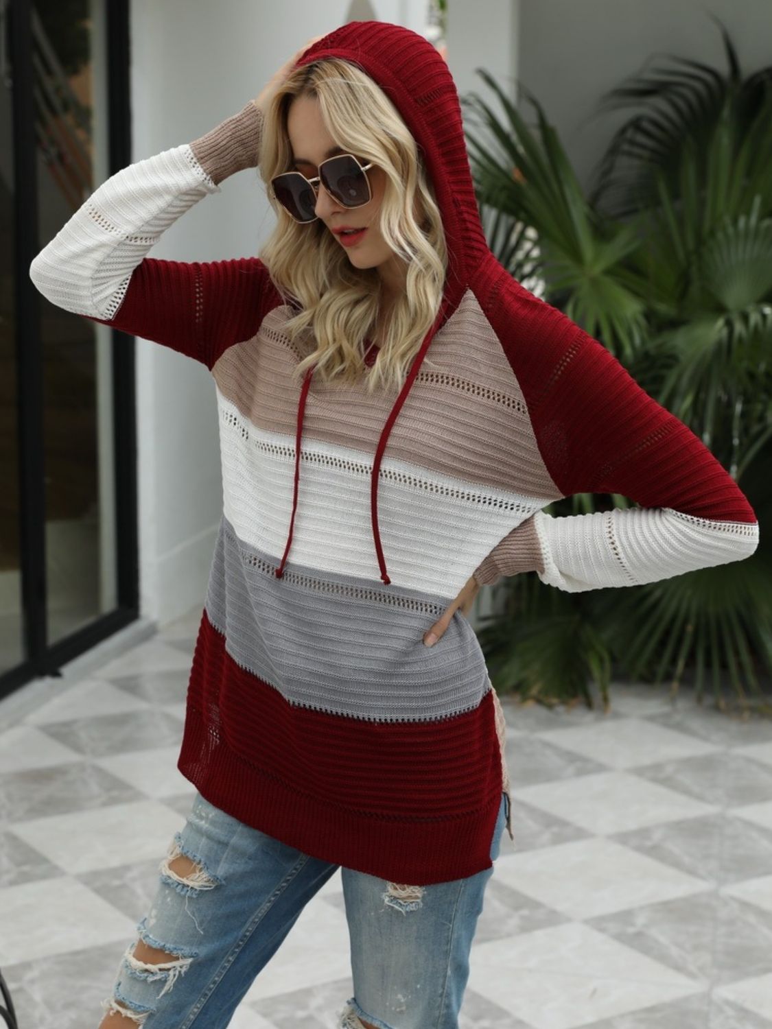 Drawstring Contrast Long Sleeve Hooded T-Shirt OutfitFlow