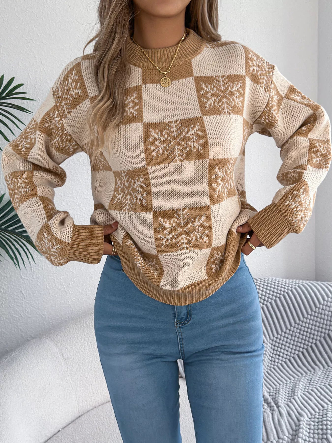 Christmas Snowflake Checkered Round Neck Sweater OutfitFlow