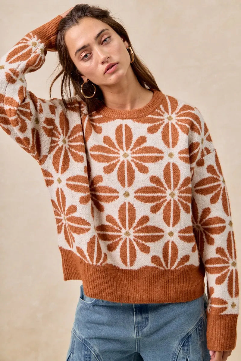 BiBi Flower Pattern Long Sleeve Sweater OutfitFlow