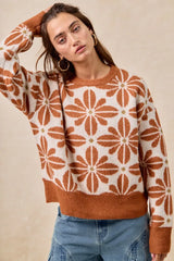 BiBi Flower Pattern Long Sleeve Sweater OutfitFlow