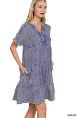 Zenana Washed Double Gauze Raw Edge V-neck Dress OutfitFlow