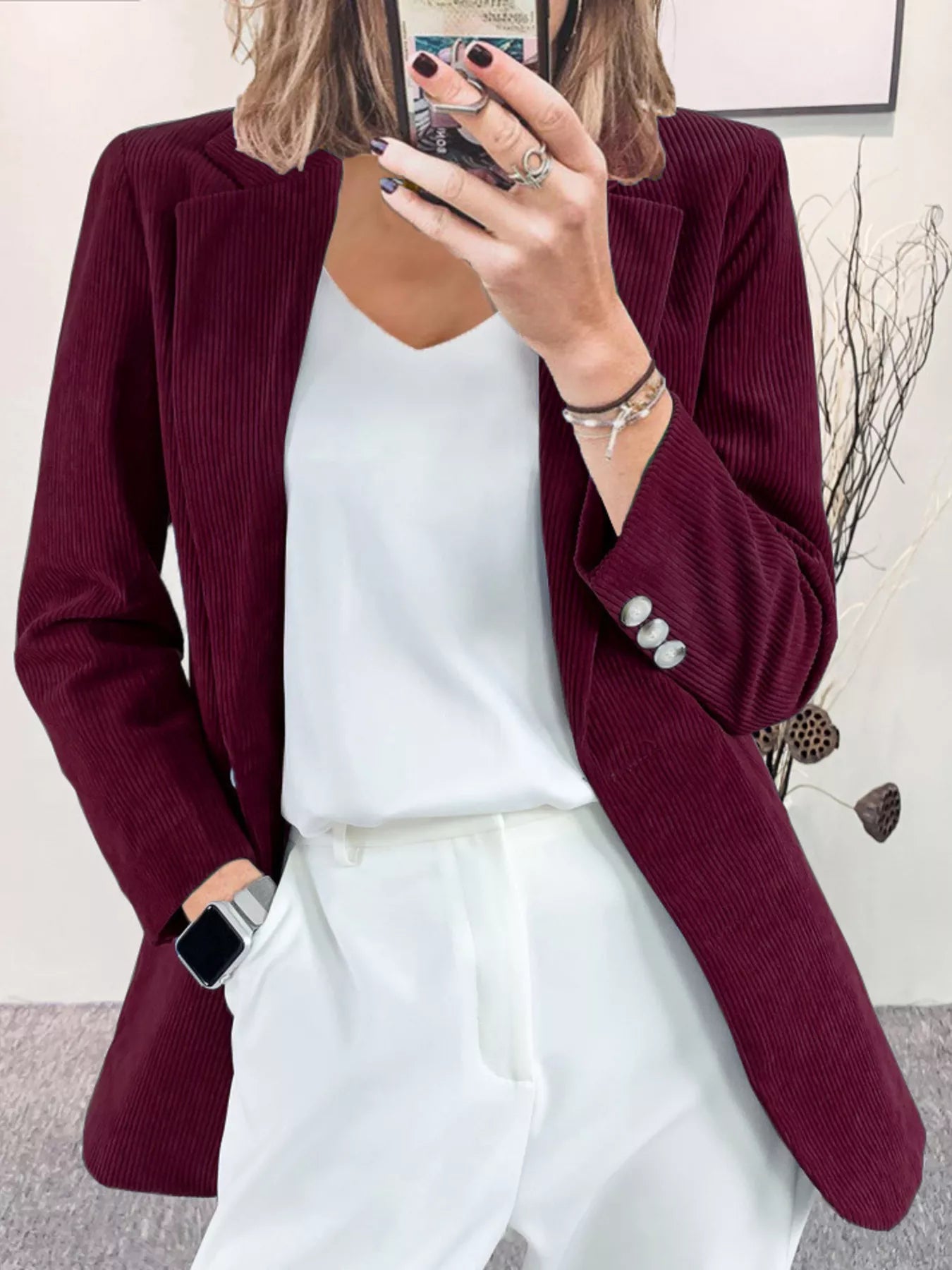 Full Size Corduroy Lapel Collar Casual Blazer Plus Size Burgundy Trendsi