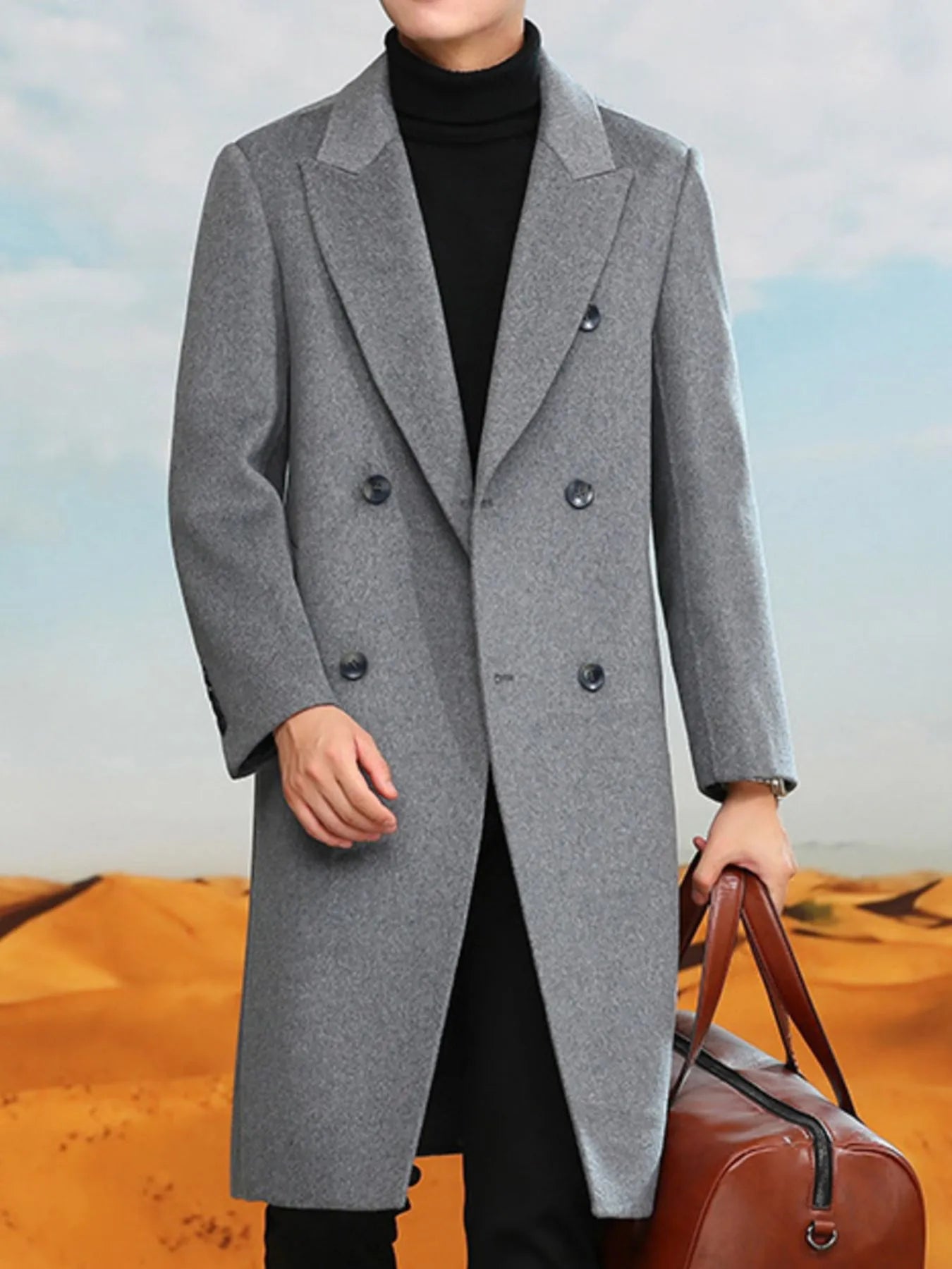 Men's Plus Size Double-Breasted Longline Coat Grey OutfitFlow