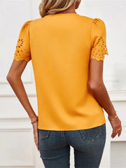 V-Neck Laser Cut Sleeve Blouse OutfitFlow
