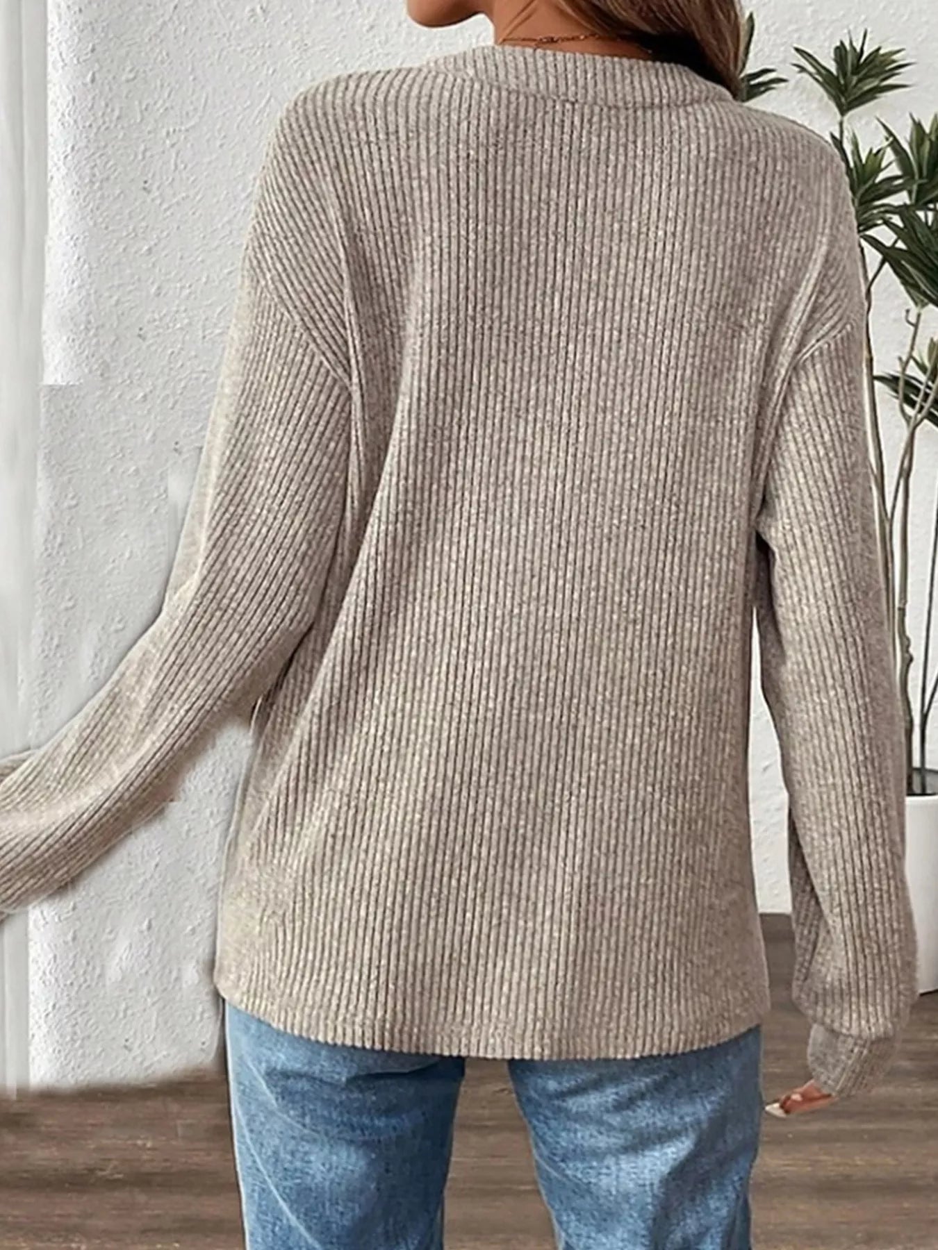 Ribbed Button Detail Long Sleeve T-Shirt OutfitFlow