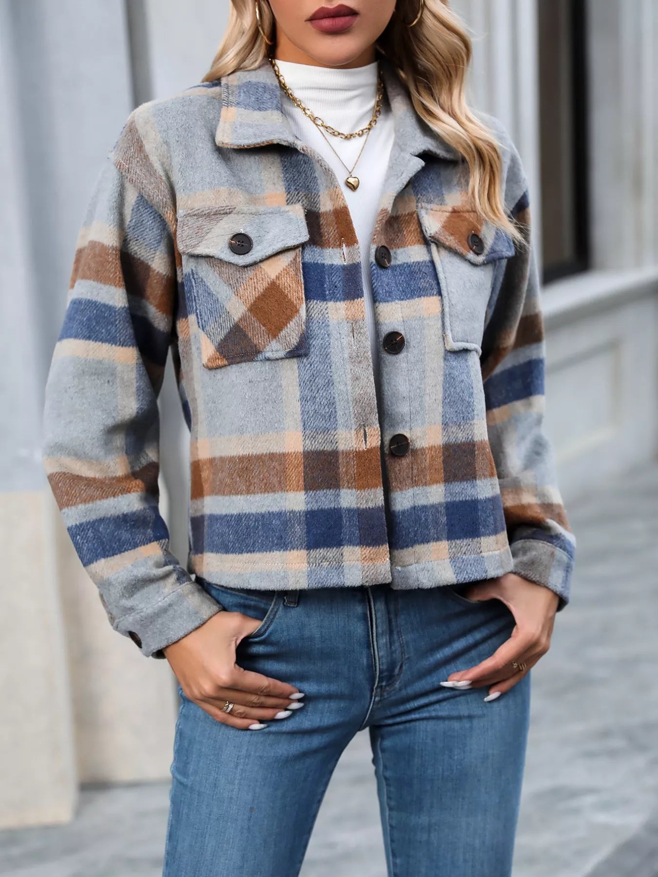 Plaid Oversized Button-Up Cropped Jacket OutfitFlow