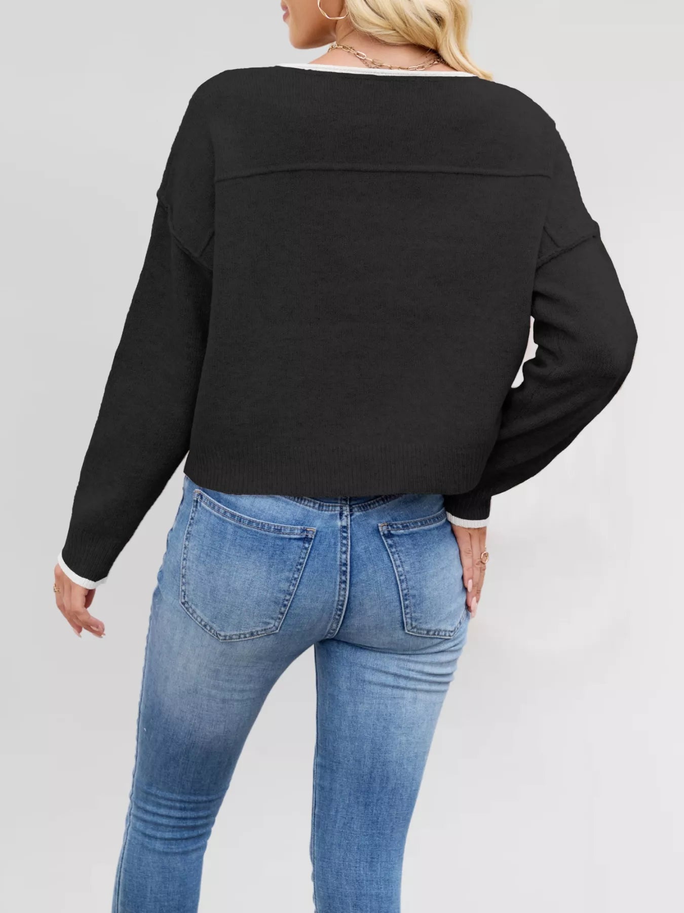 Round Neck Dropped Shoulder Sweater OutfitFlow