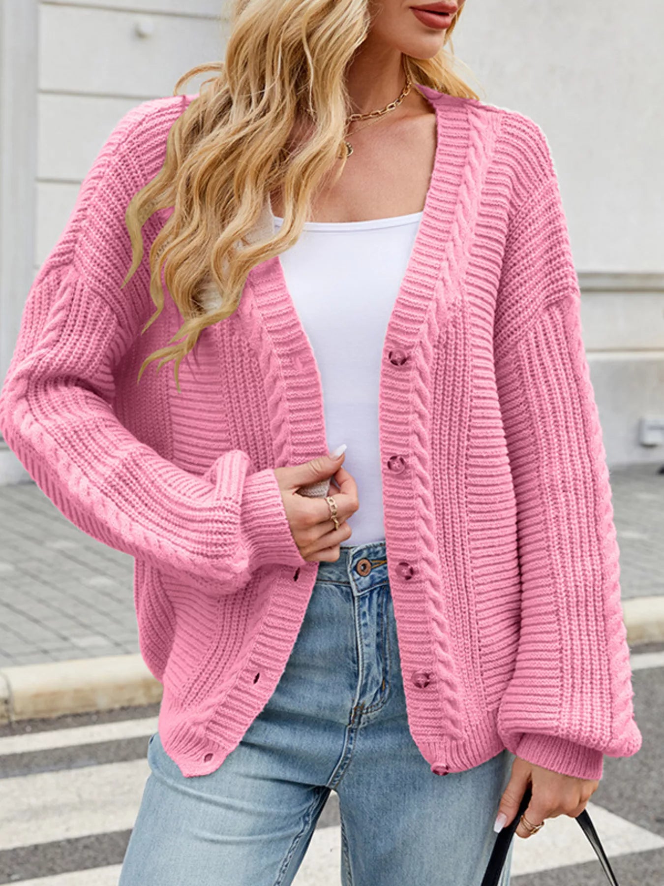 Button Up Long Sleeve Cardigan Pink OutfitFlow