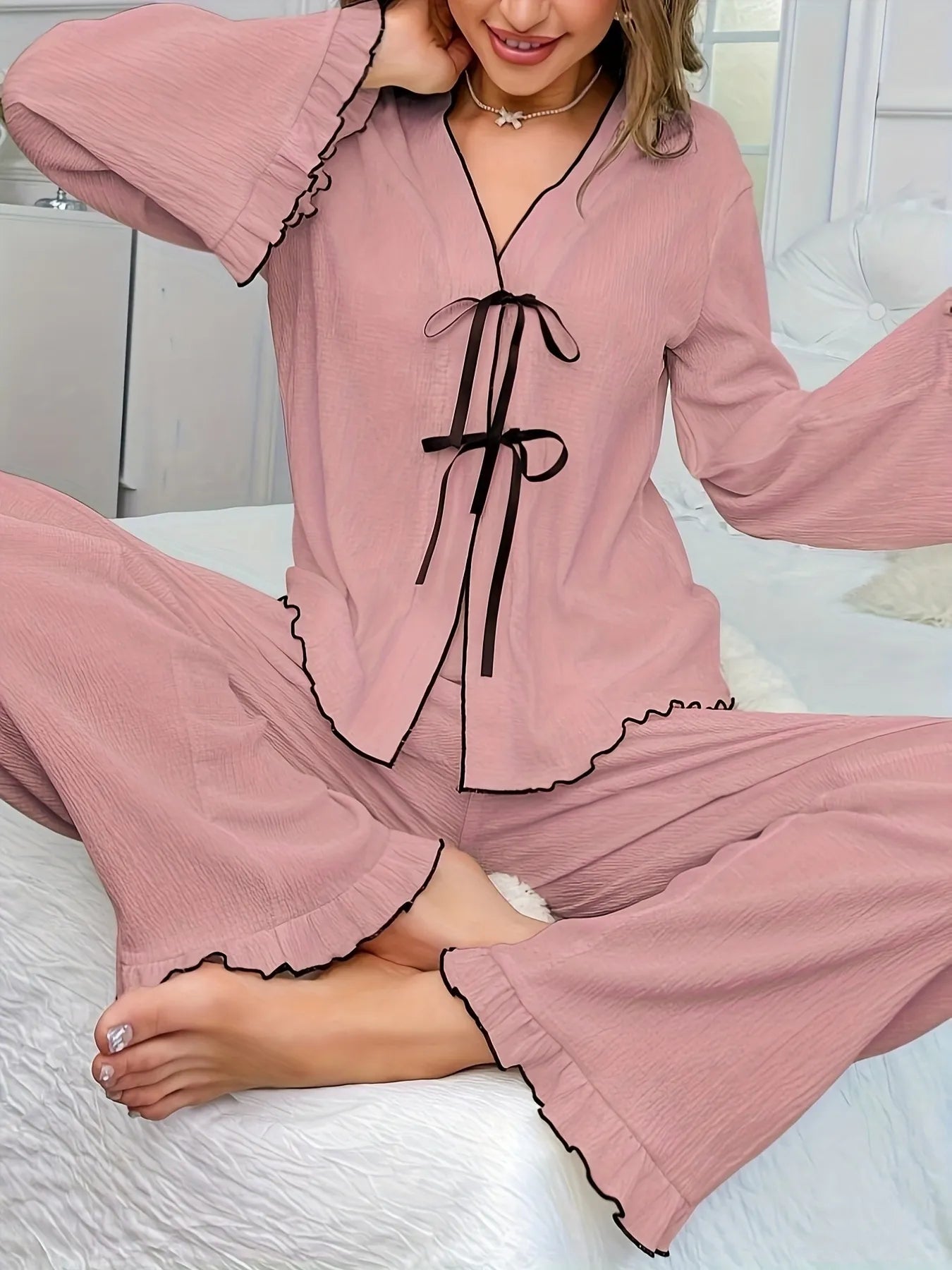 Contrast Trim Bow Tie Shirt and Pants Lounge Set OutfitFlow
