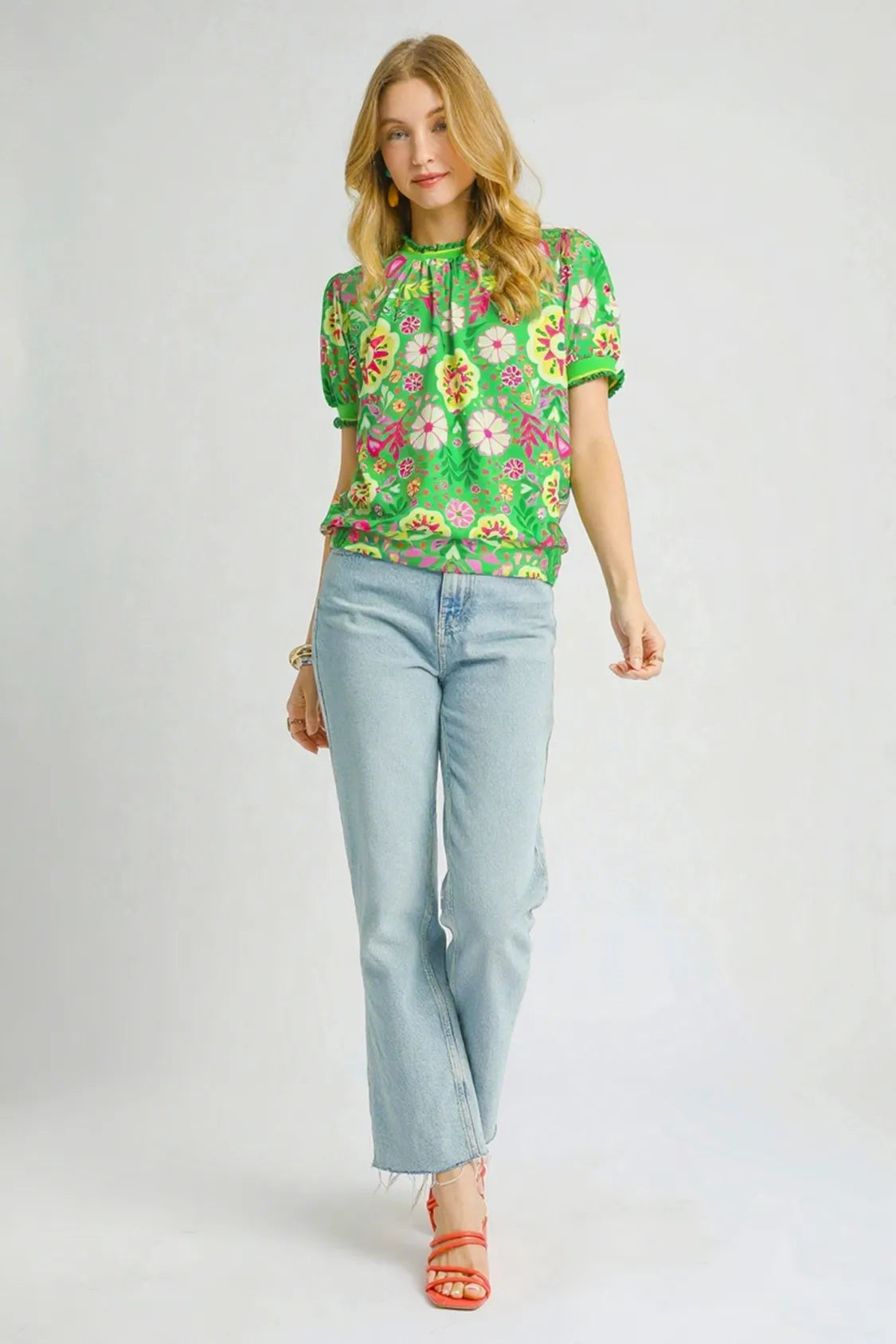 Umgee Retro Floral Puff Sleeve Top OutfitFlow