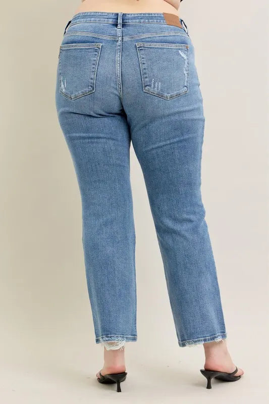 Judy Blue Full Size Mid Rise Wash Destroy Hem Bootcut Jeans Plus Size OutfitFlow
