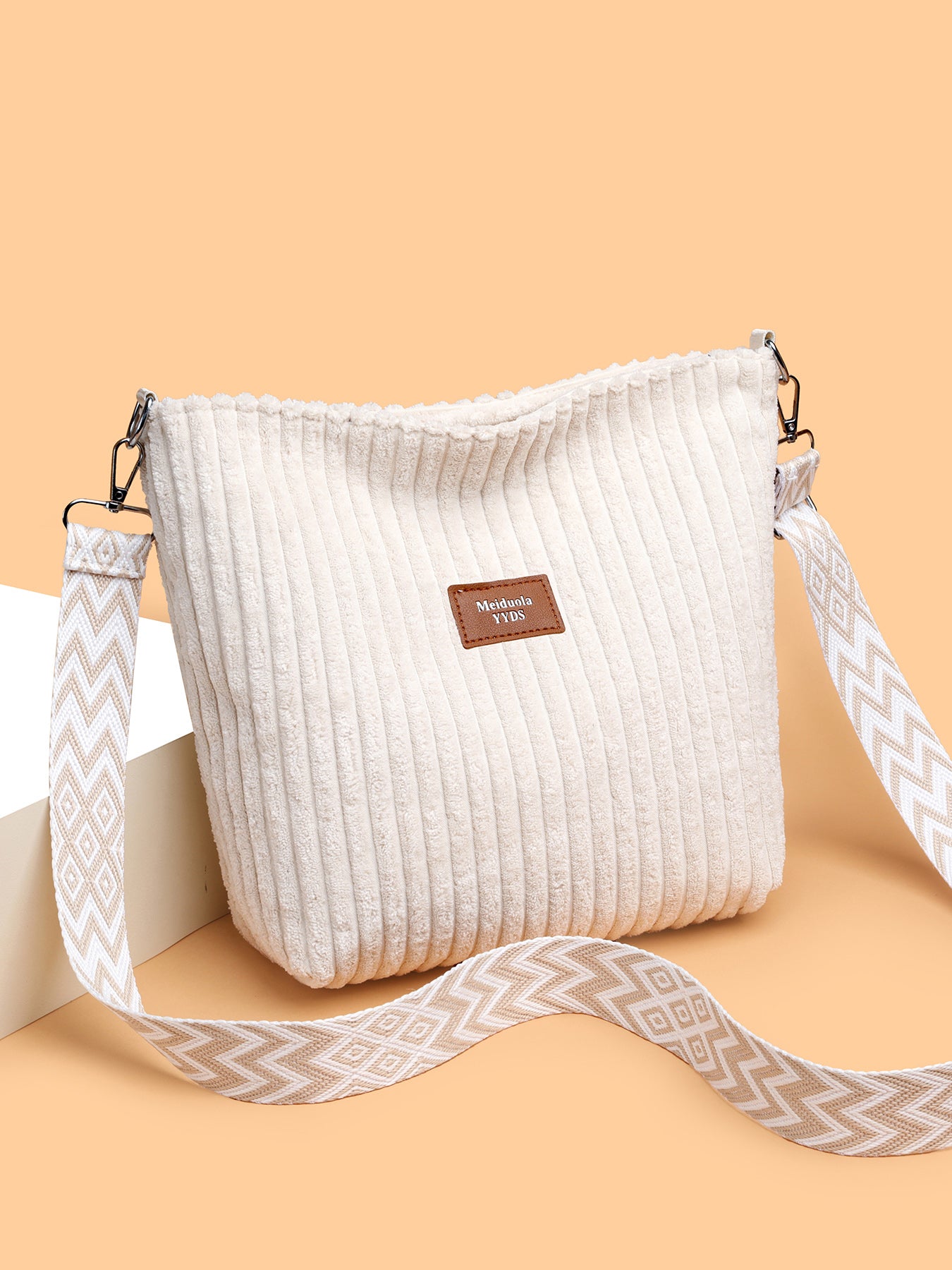 Corduroy Solid Color Crossbody Bag with Removable Strap White One Size OutfitFlow