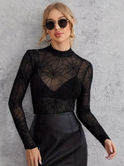Spider Web Print Long Sleeve Blouse Black OutfitFlow