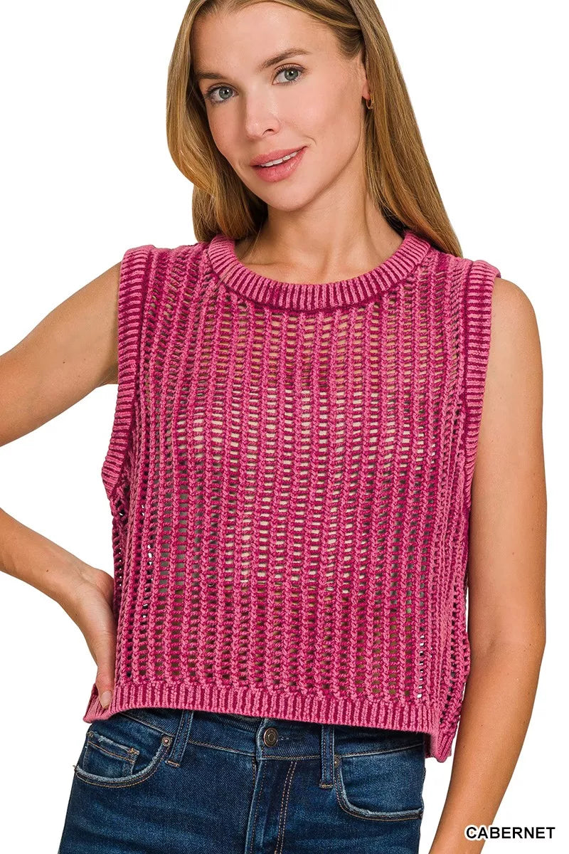 Zenana Acid Washed Fishnet Sweater Vest CABERNET OutfitFlow