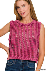 Zenana Acid Washed Fishnet Sweater Vest CABERNET OutfitFlow