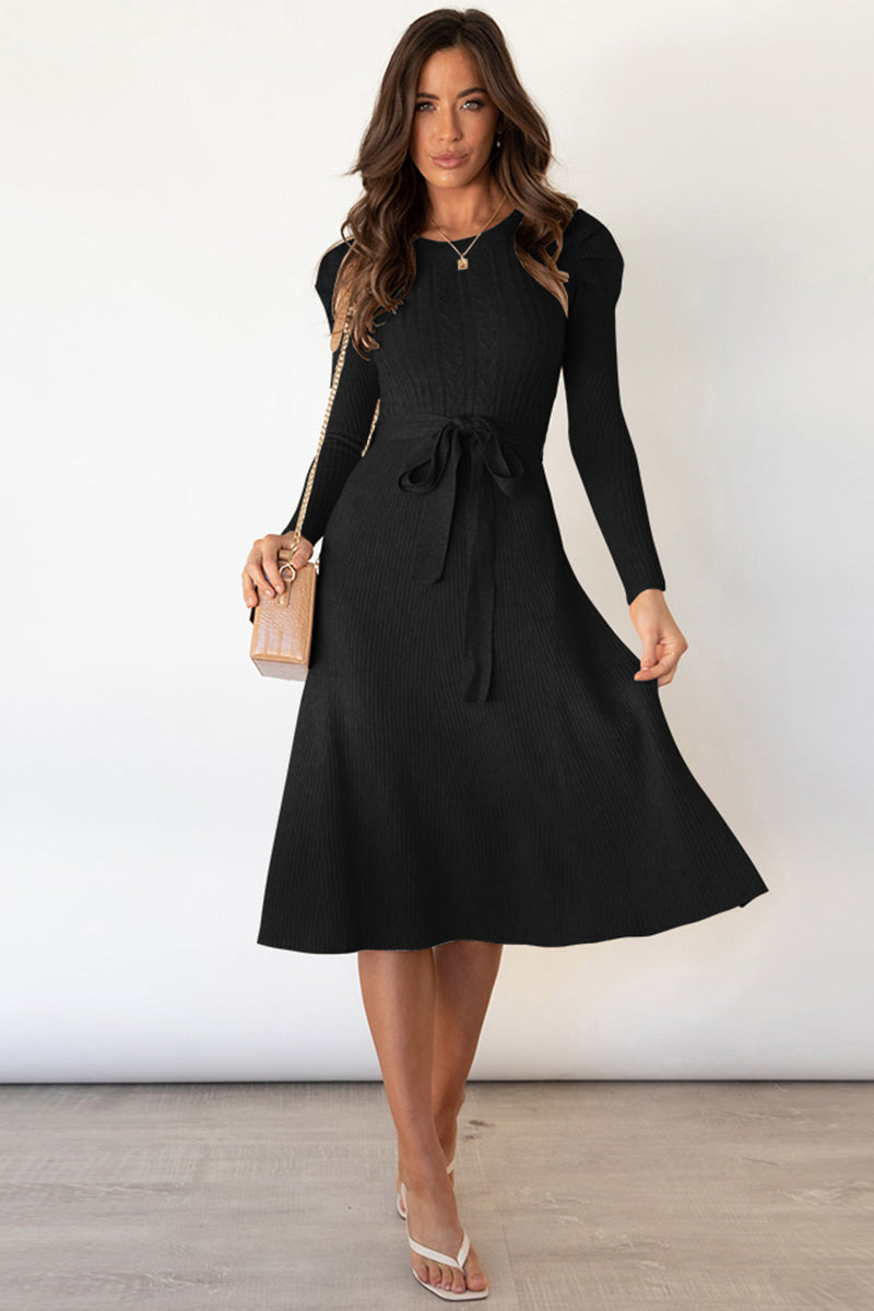 Outfit Flow - Round Neck Long Sleeve Tie Waist Sweater Dress