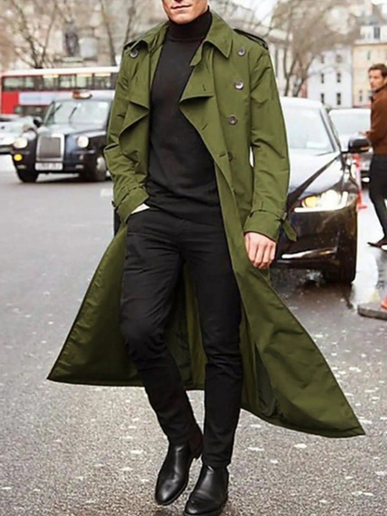 Men's Long Sleeve Longline Trench Coat Green OutfitFlow