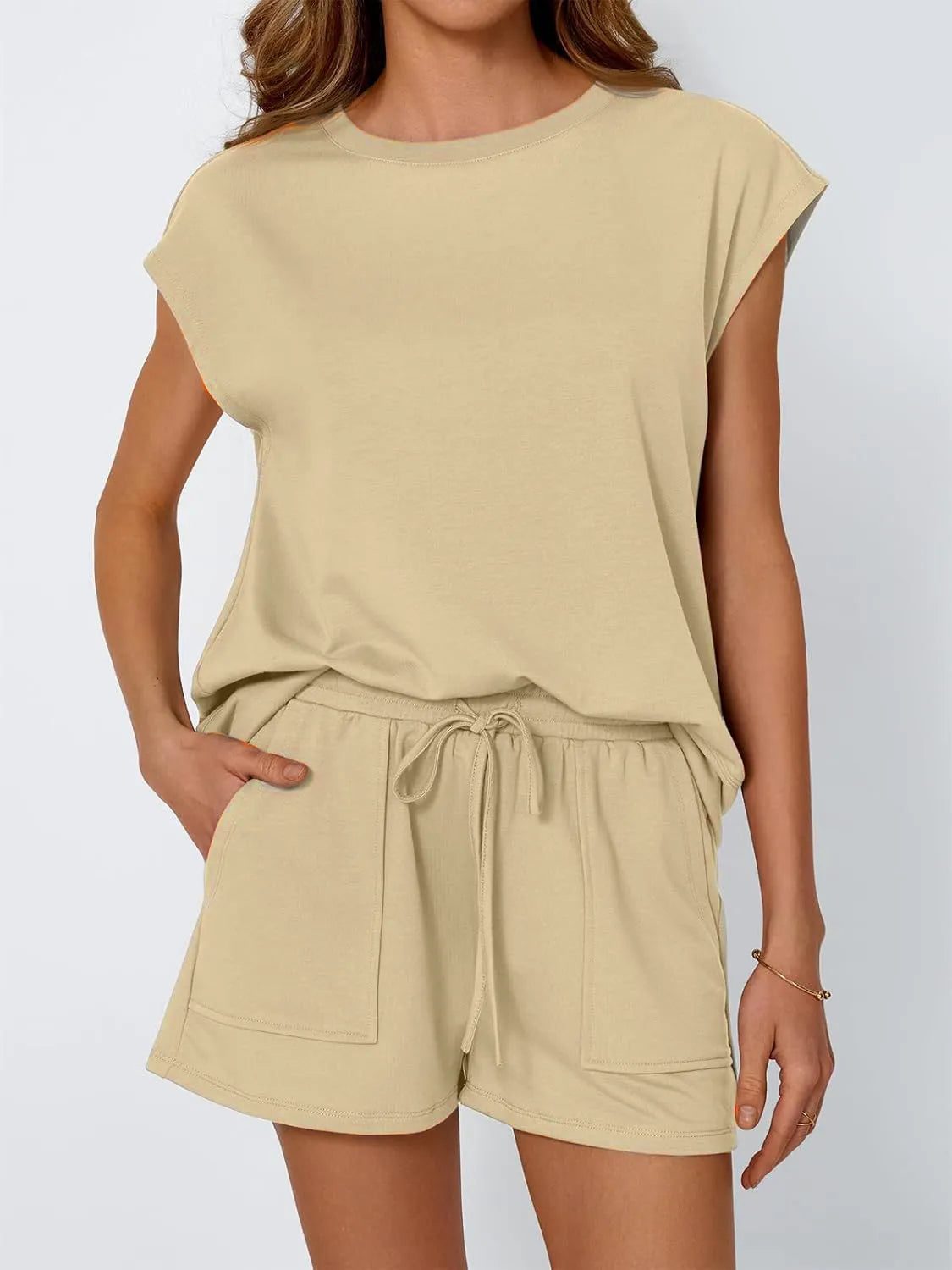 Round Neck Cap Sleeve Top and Shorts Set Tan OutfitFlow