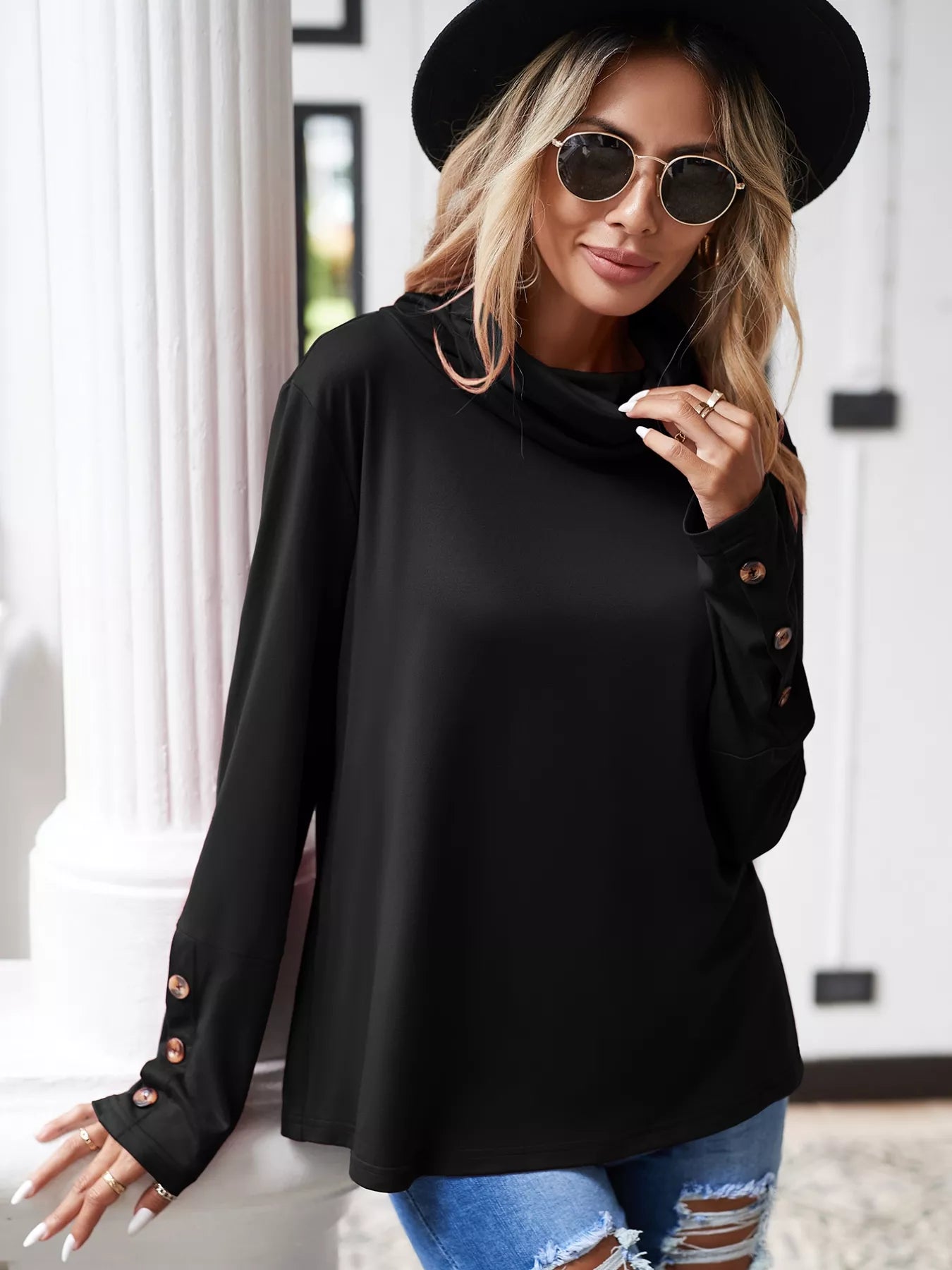 Cowl Neck Long Sleeve Blouse OutfitFlow