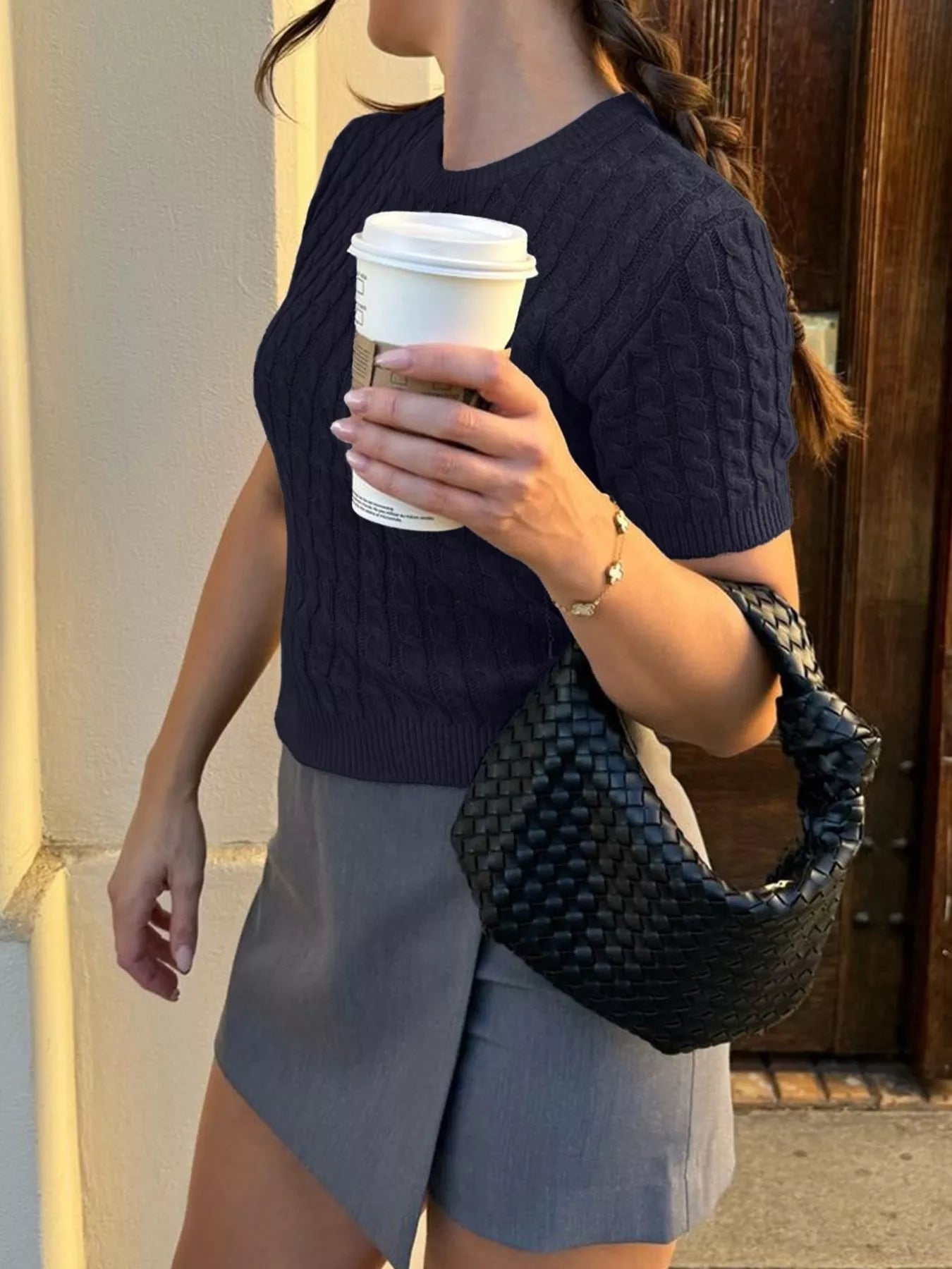 Cable-Knit Short Sleeve Sweater Trendsi