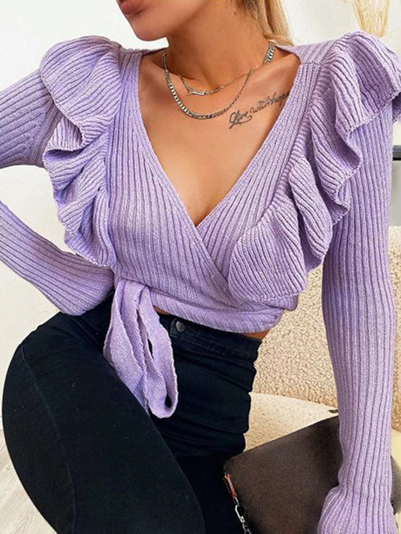 Ruffled Surplice Long Sleeve Knit Top OutfitFlow