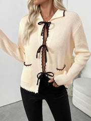Tie Front Long Sleeve Cardigan OutfitFlow