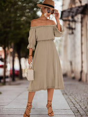 Off-Shoulder Flounce Sleeve Midi Dress OutfitFlow