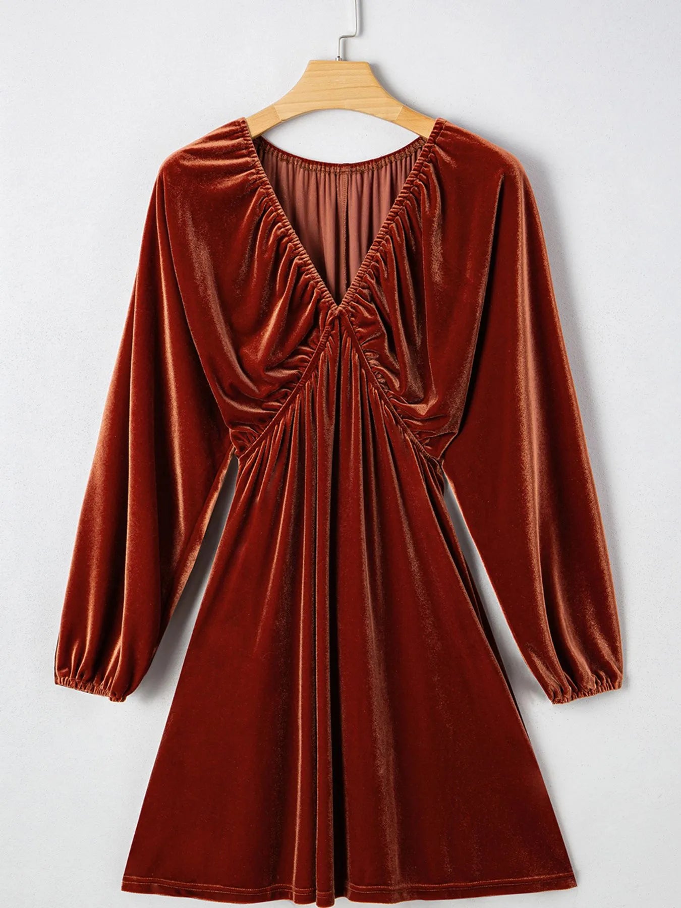 V Neck Puff Sleeve Velvet Dress OutfitFlow
