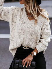 V-Neck Cable-Knit Long Sleeve Sweater OutfitFlow