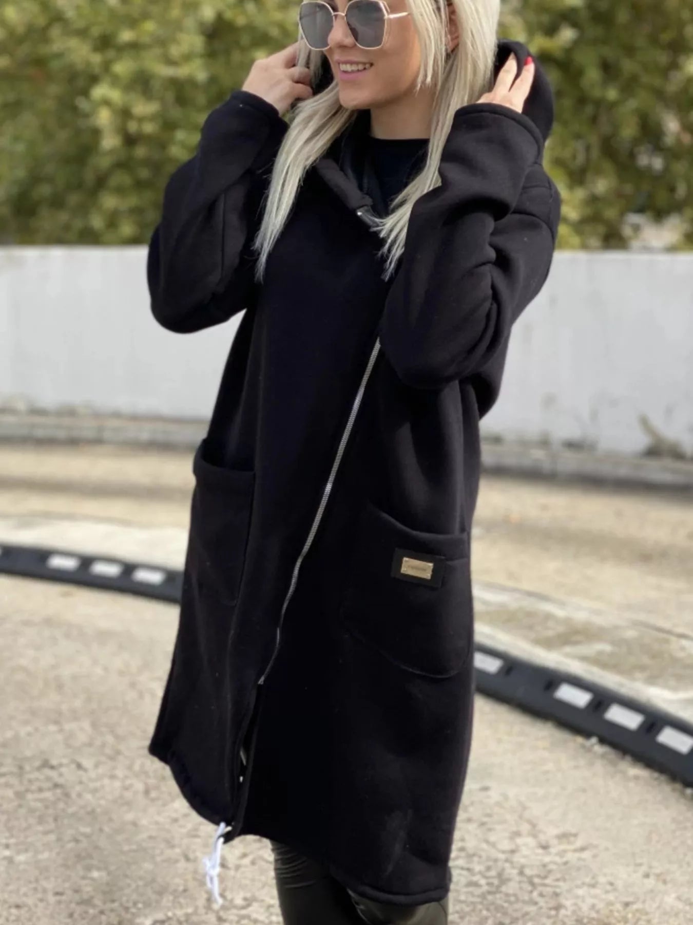 Full Size Asymmetrical Zip-Up Hooded Fleece Outerwear Plus Size Black Trendsi