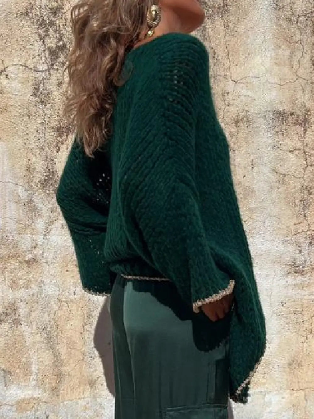 Contrast V-Neck Long Sleeve Sweater OutfitFlow
