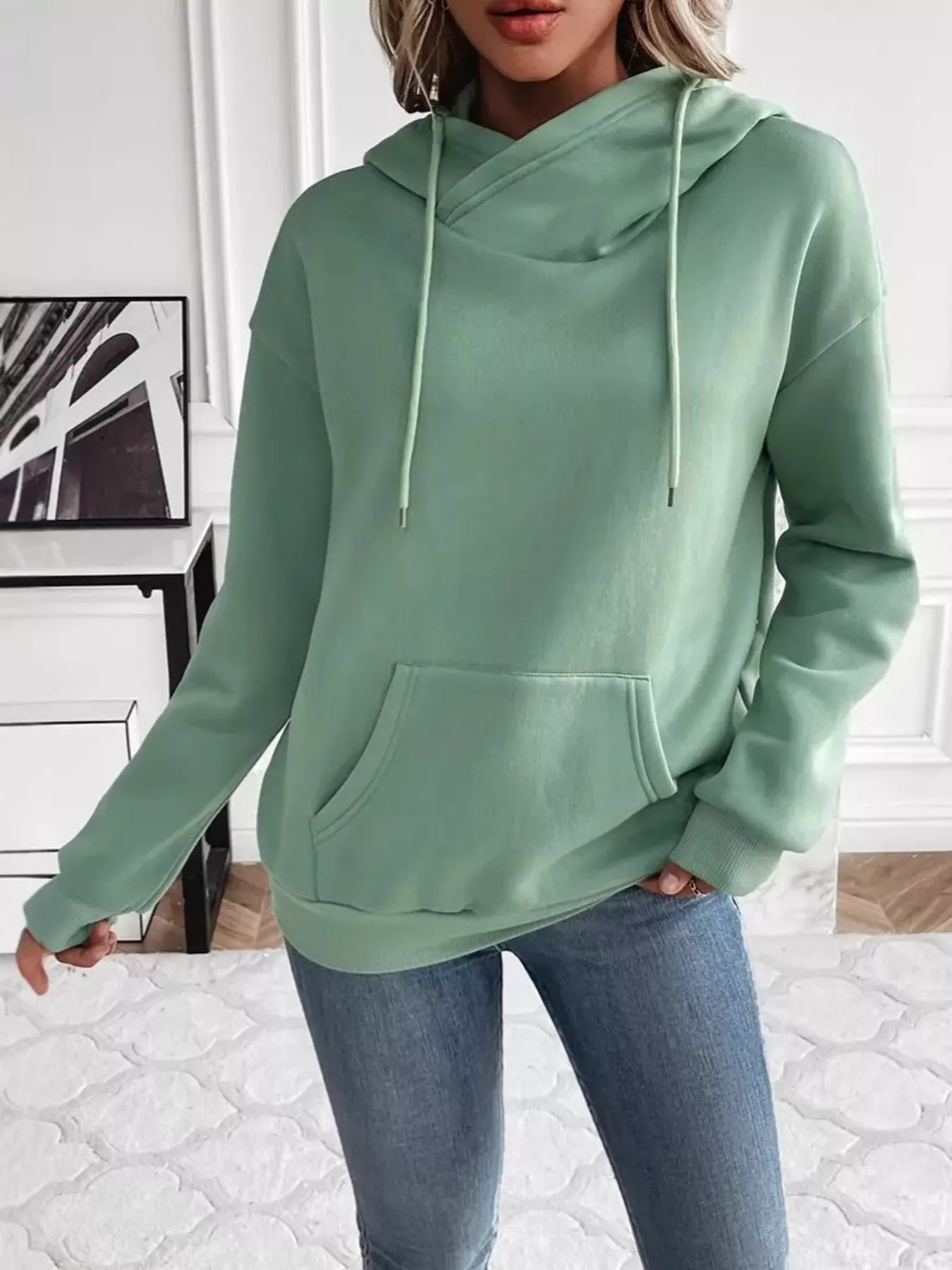 Kangaroo Pocket Long Sleeve Drawstring Hoodie OutfitFlow