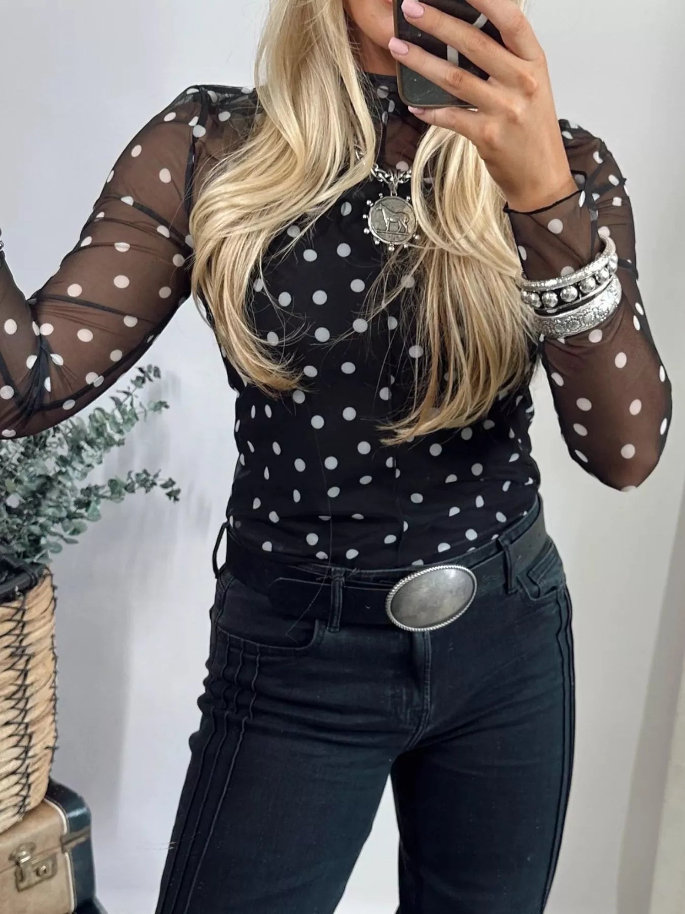 Polka Dot Patterned Bodycon Mock Neck Mesh Long Sleeve Top Trendsi