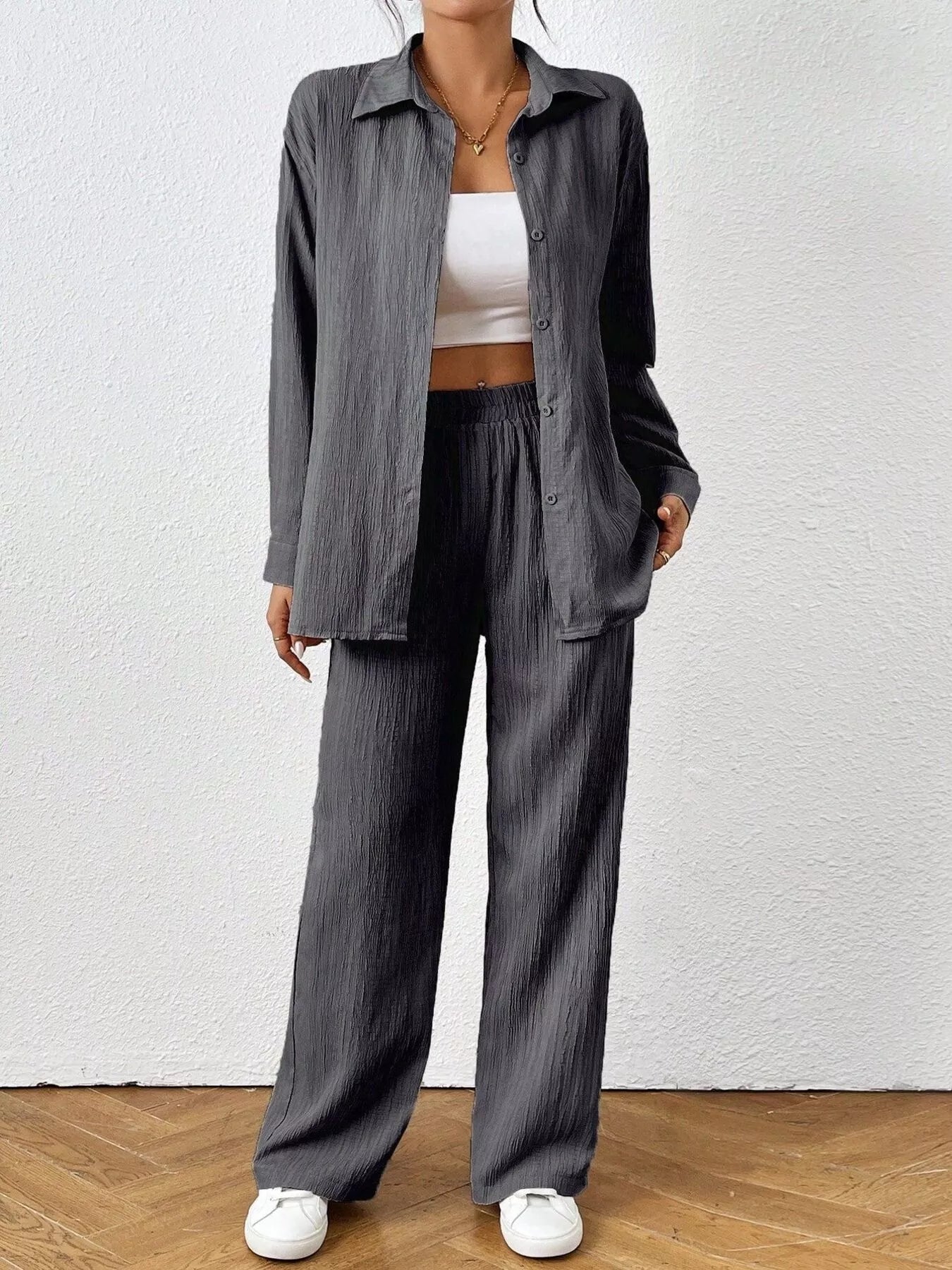 Button Up Long Sleeve Shirt and Pants Set Dark Gray OutfitFlow